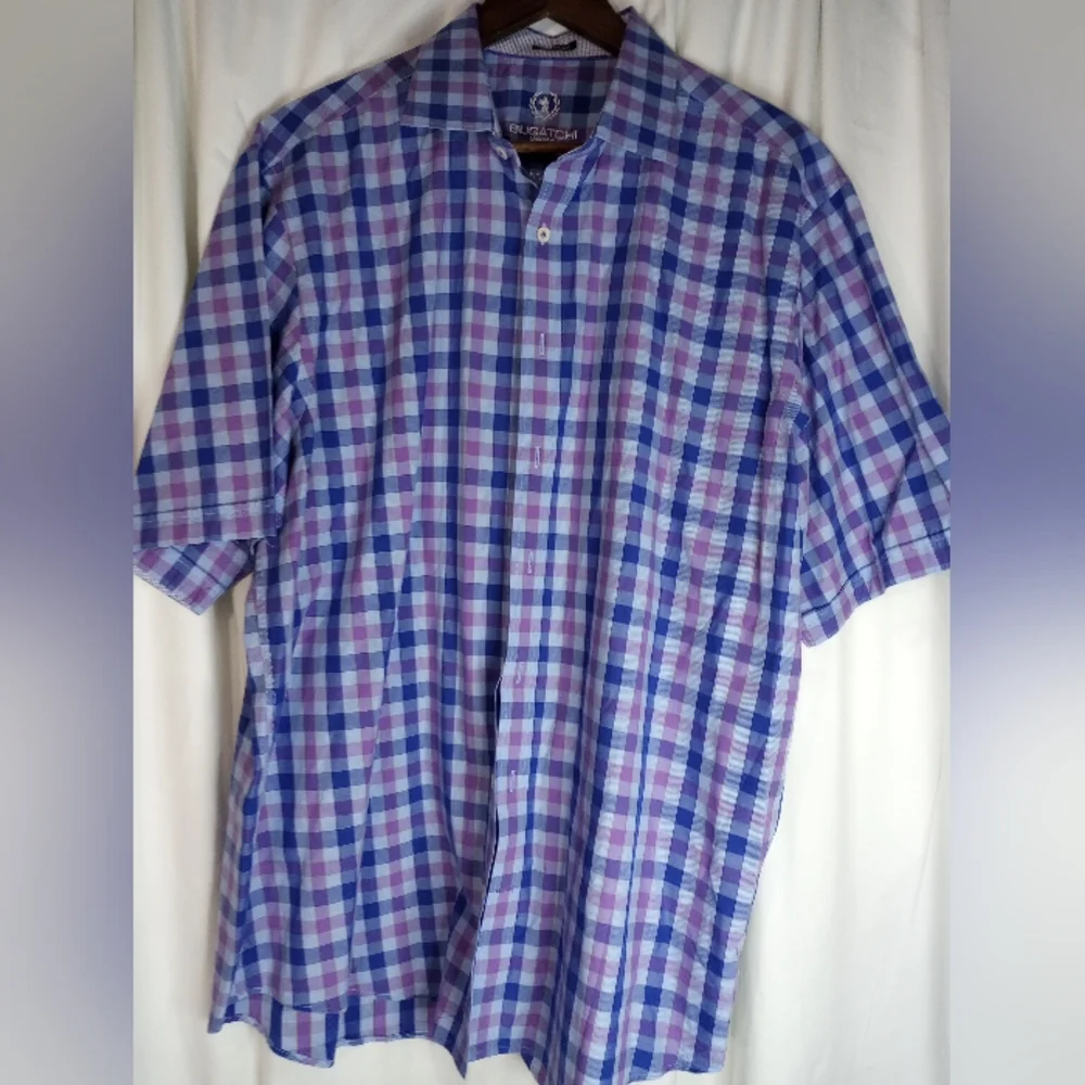 XL EUC Short Sleeve Bugatchi Uomo Purple Blue Plaid Shirt Luxury Preppy Summer - Picture 3 of 5